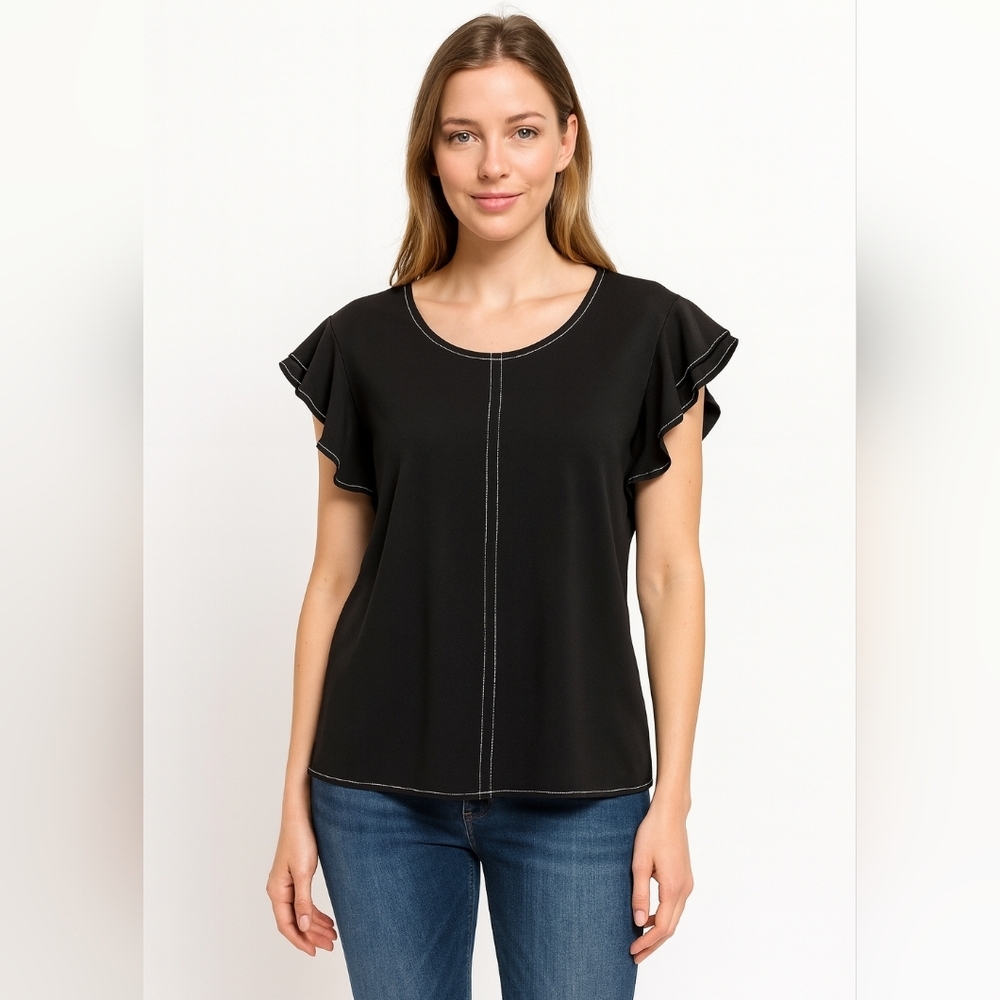 Worthington Black Flutter Sleeve Blouse Black Ruffle Sleeve Top Women’s Size XXL